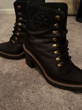 Tory Burch Black Leather Lace-Up Lug-Heel Boots with Gold Hardware